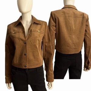 NWT ELIE TAHARI Cropped Brown Corduroy Button-Front Jacket Chest Pocket Collared